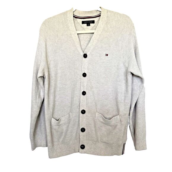 TOMMY HILFIGER Jumper Men's LARGE Cardigan Button Up Knitted Melange Grey - Picture 1 of 6